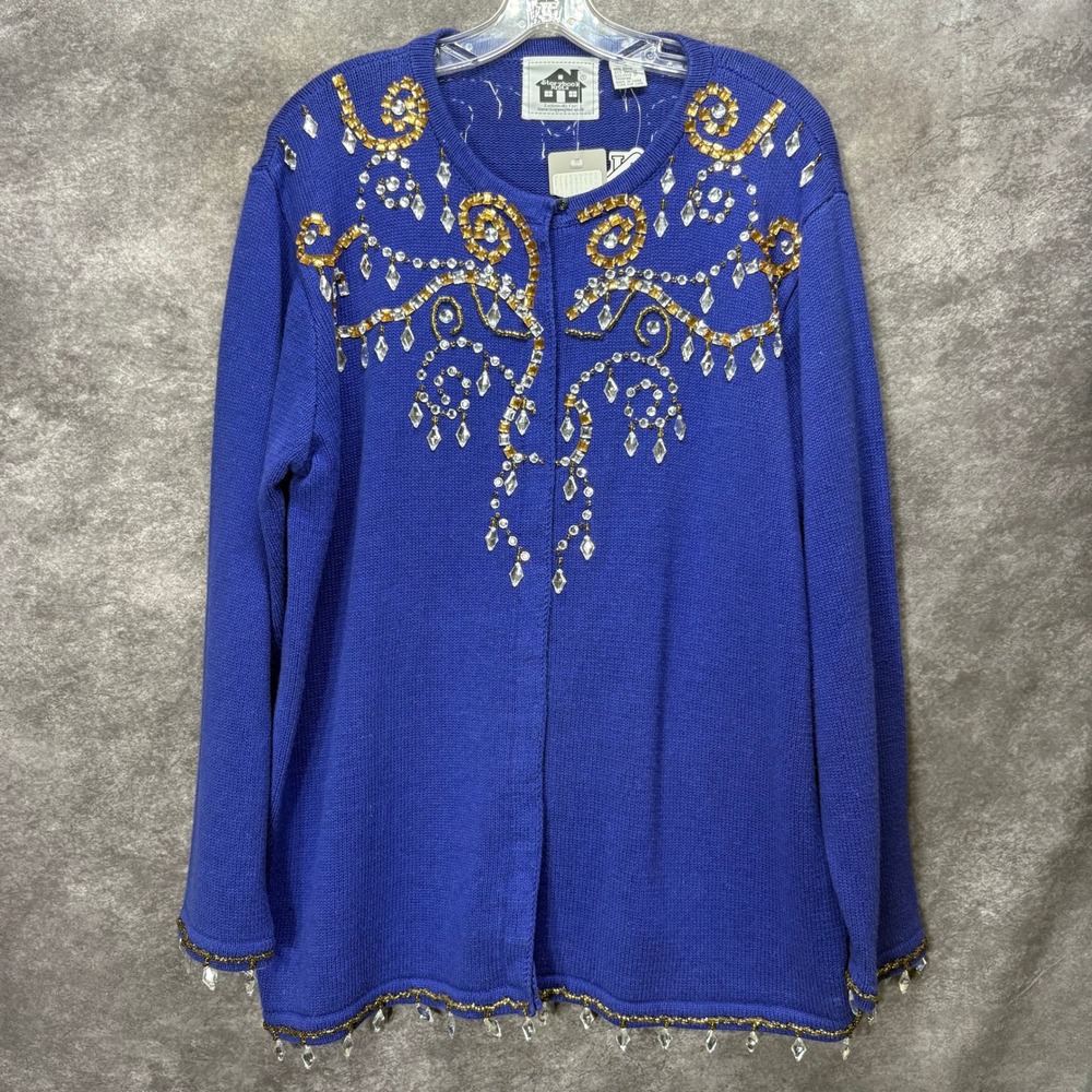 Storybook Knits Jeweled Beaded Rhinestone Cardigan Size 1X Blue Gold Maximalist